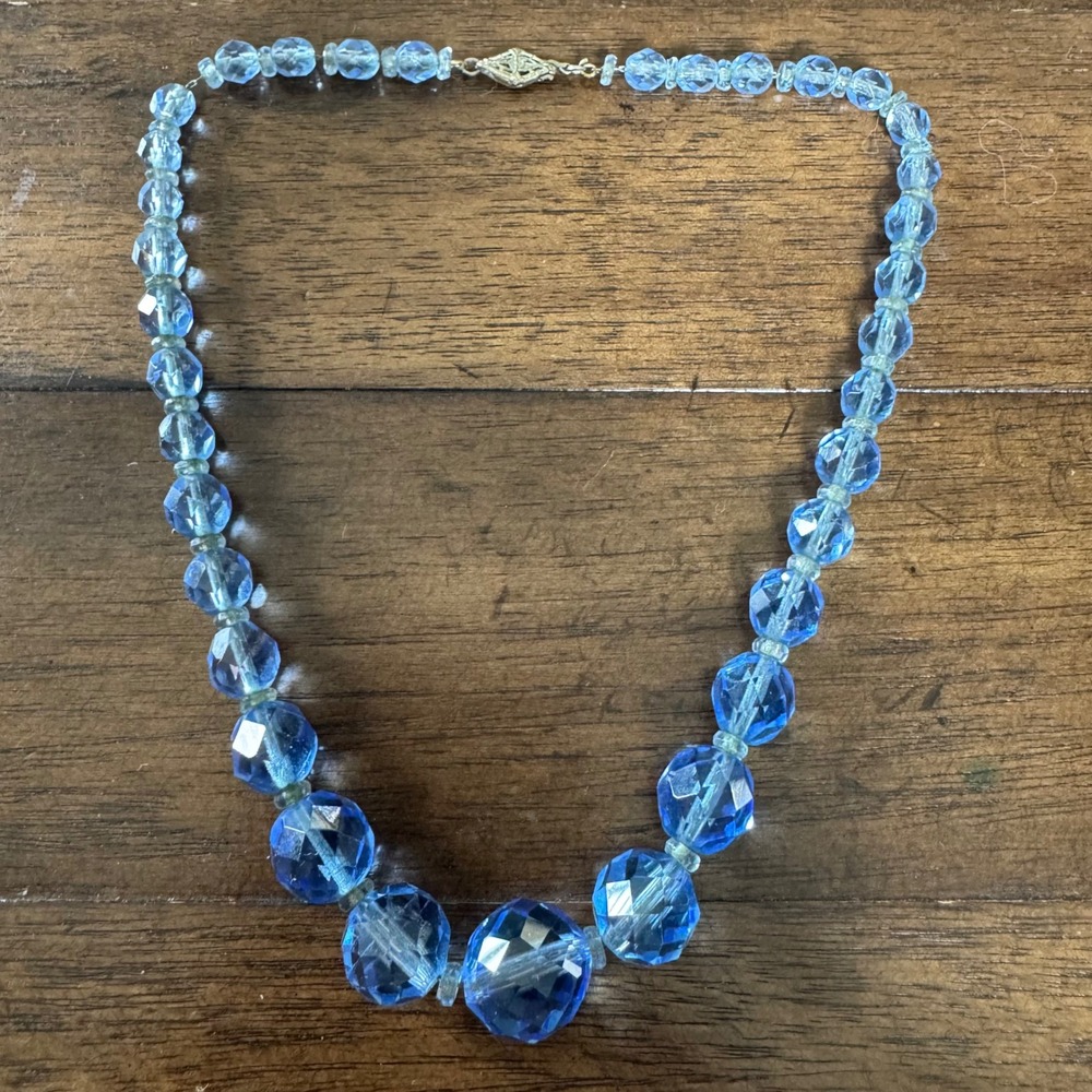 Vintage Czech Glass Necklace Women Blue Graduated Faceted Bead Filigree Clasp